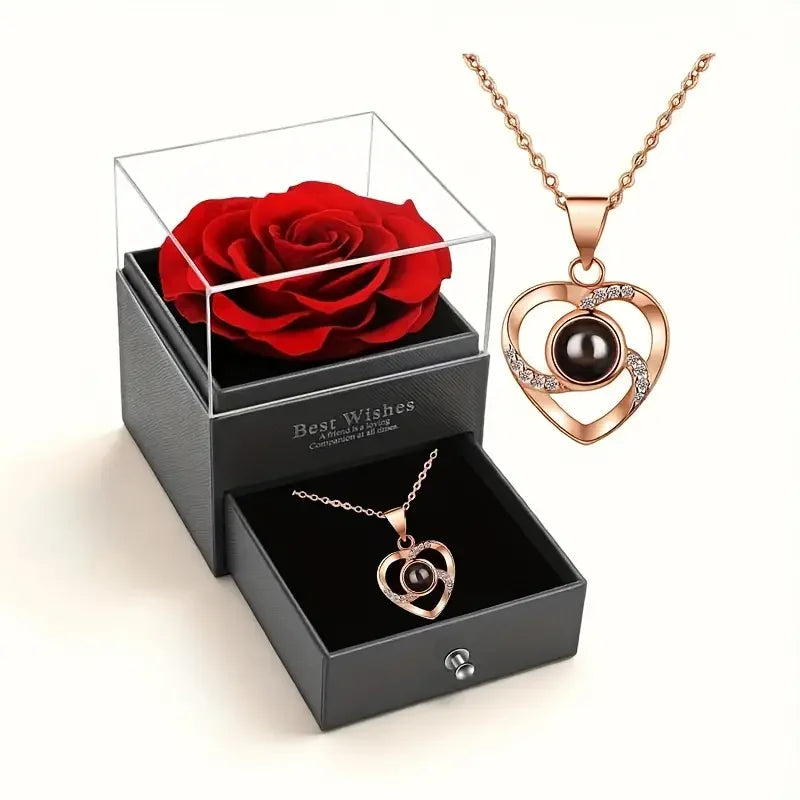 Preserved Red Rose with Golden Heart Necklace – Perfect Gift for Mom, Wife, Girlfriend | Anniversary, Birthday, Valentine’s Day, Christmas