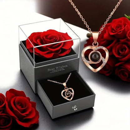 Preserved Red Rose with Golden Heart Necklace – Perfect Gift for Mom, Wife, Girlfriend | Anniversary, Birthday, Valentine’s Day, Christmas