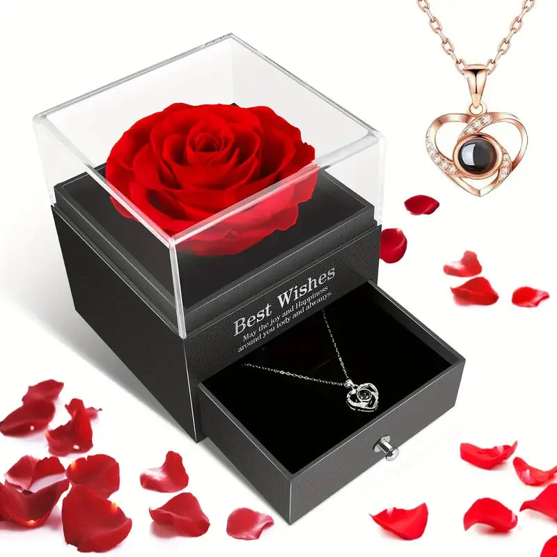 Preserved Red Rose with Golden Heart Necklace – Perfect Gift for Mom, Wife, Girlfriend | Anniversary, Birthday, Valentine’s Day, Christmas